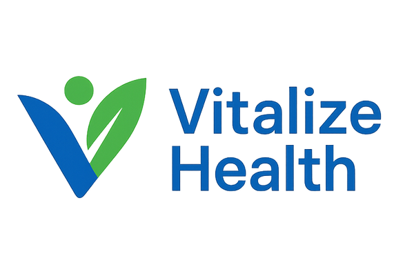 Vitalize Health logo with a blue 'V' and green leaf on a white background